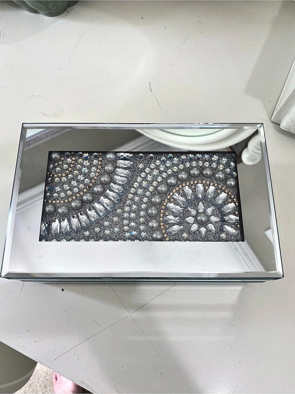 Mirrored Glam Jewelry Box with Rhinestone and Pearl Mosaic Decor
